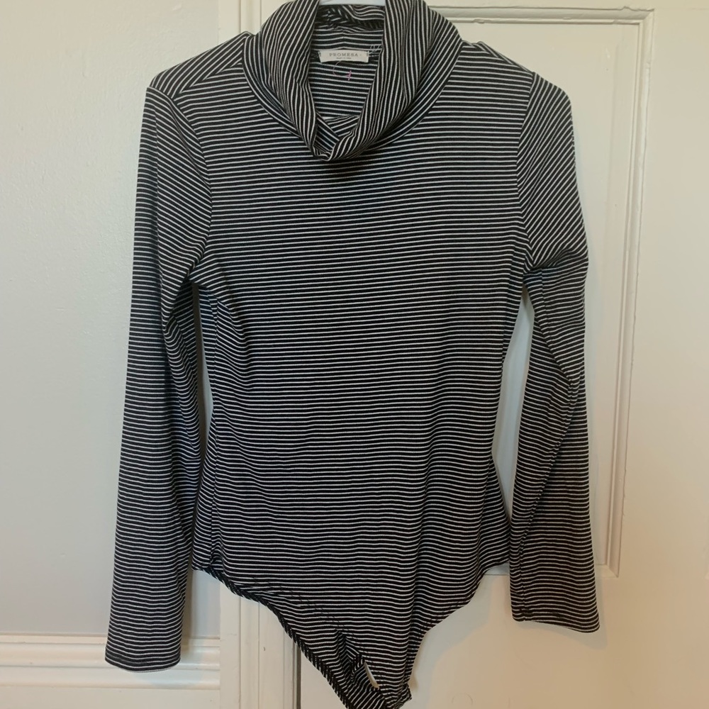 Black and white stripe turtle neck bodysuit